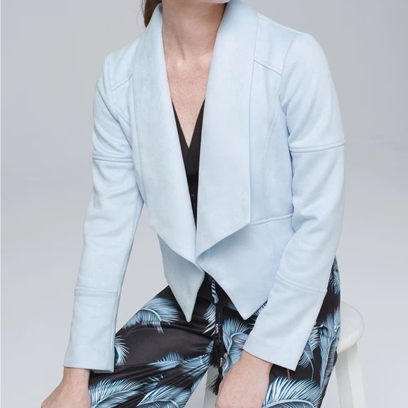 White House Black Market Faux-Suede Drape Front Jacket, Baby Blue, Smal - Picture 1 of 10